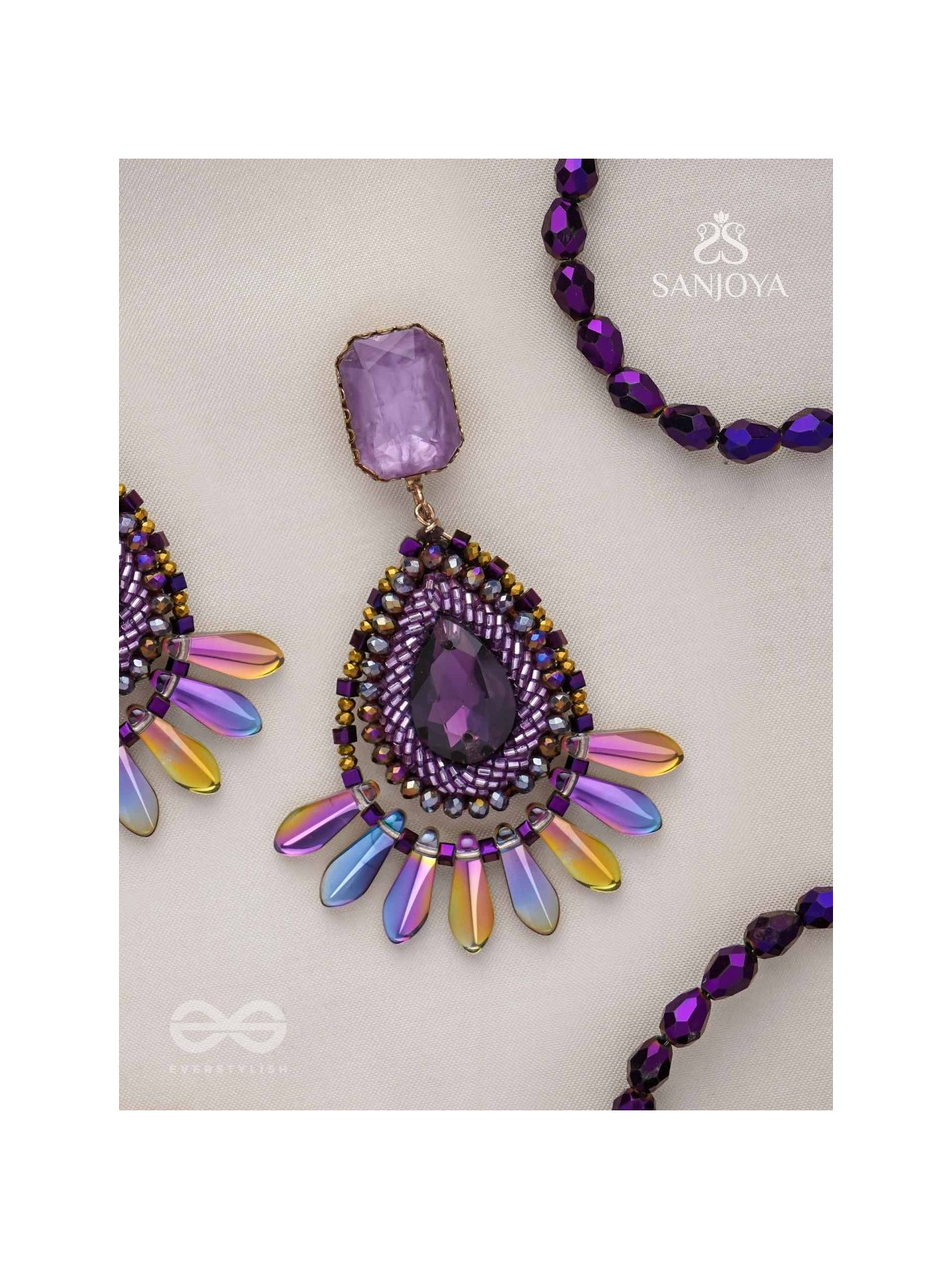 Shraayava- The Blooming Flower-  Stones and Glass Beads Embroidered Earrings