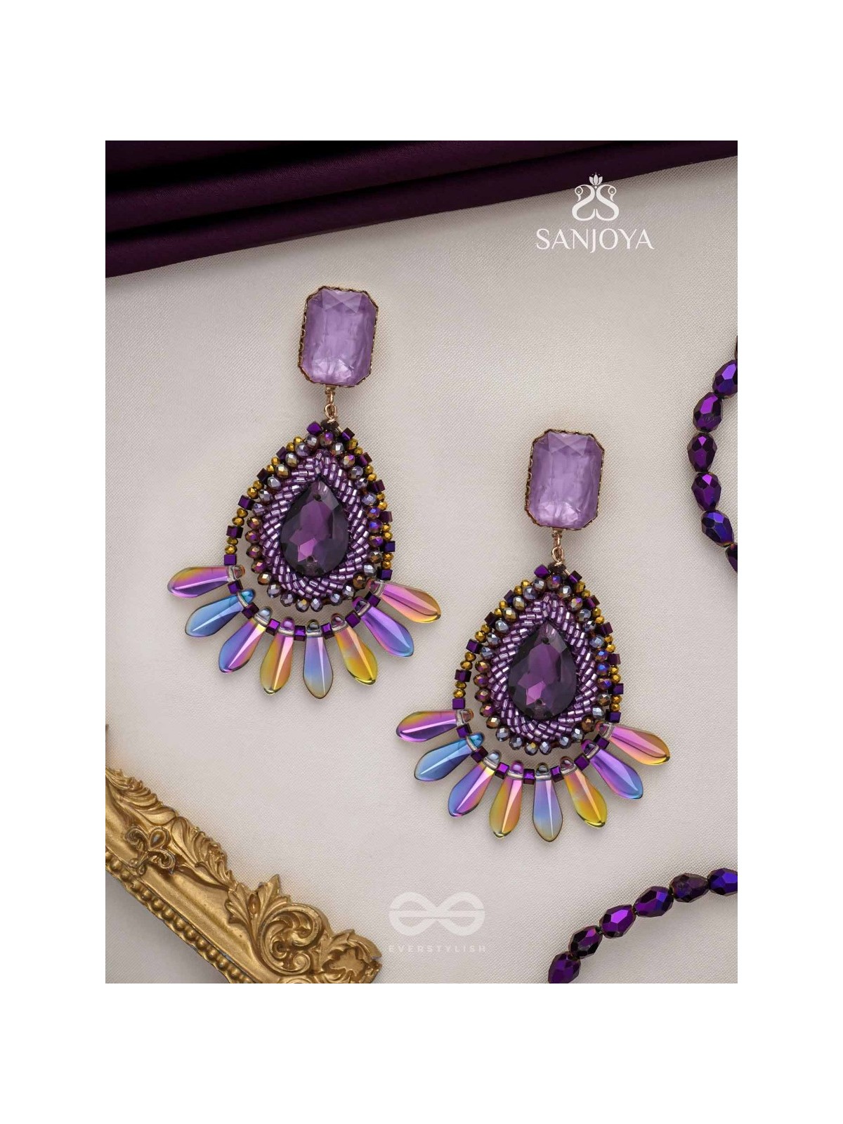 Shraayava- The Blooming Flower-  Stones and Glass Beads Embroidered Earrings