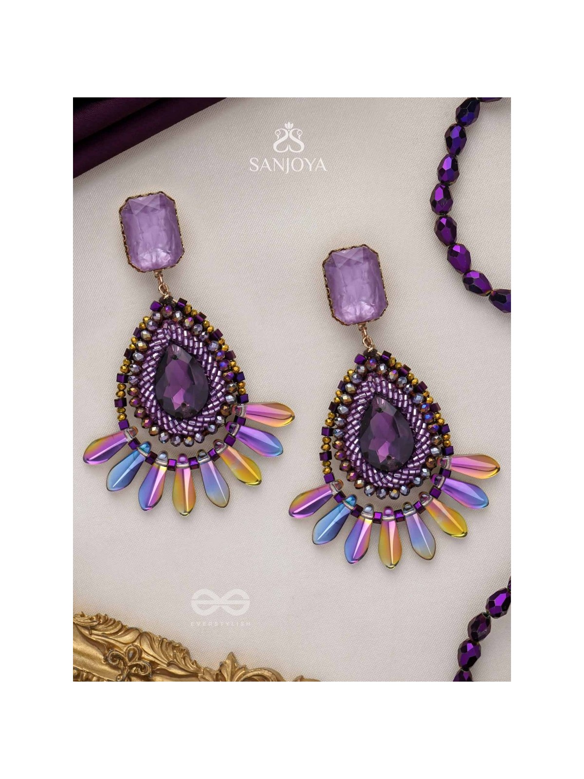 Shraayava- The Blooming Flower-  Stones and Glass Beads Embroidered Earrings