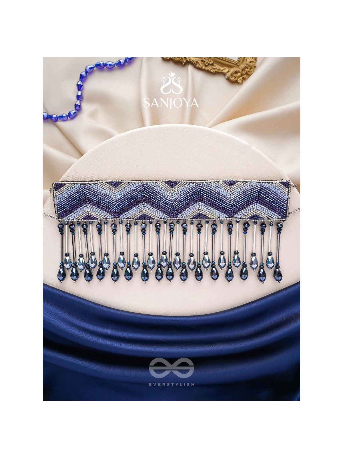 Adrisha - The Indigo Hills - Cutdana And Glass Drops Hand Embroidered Choker Neckpiece