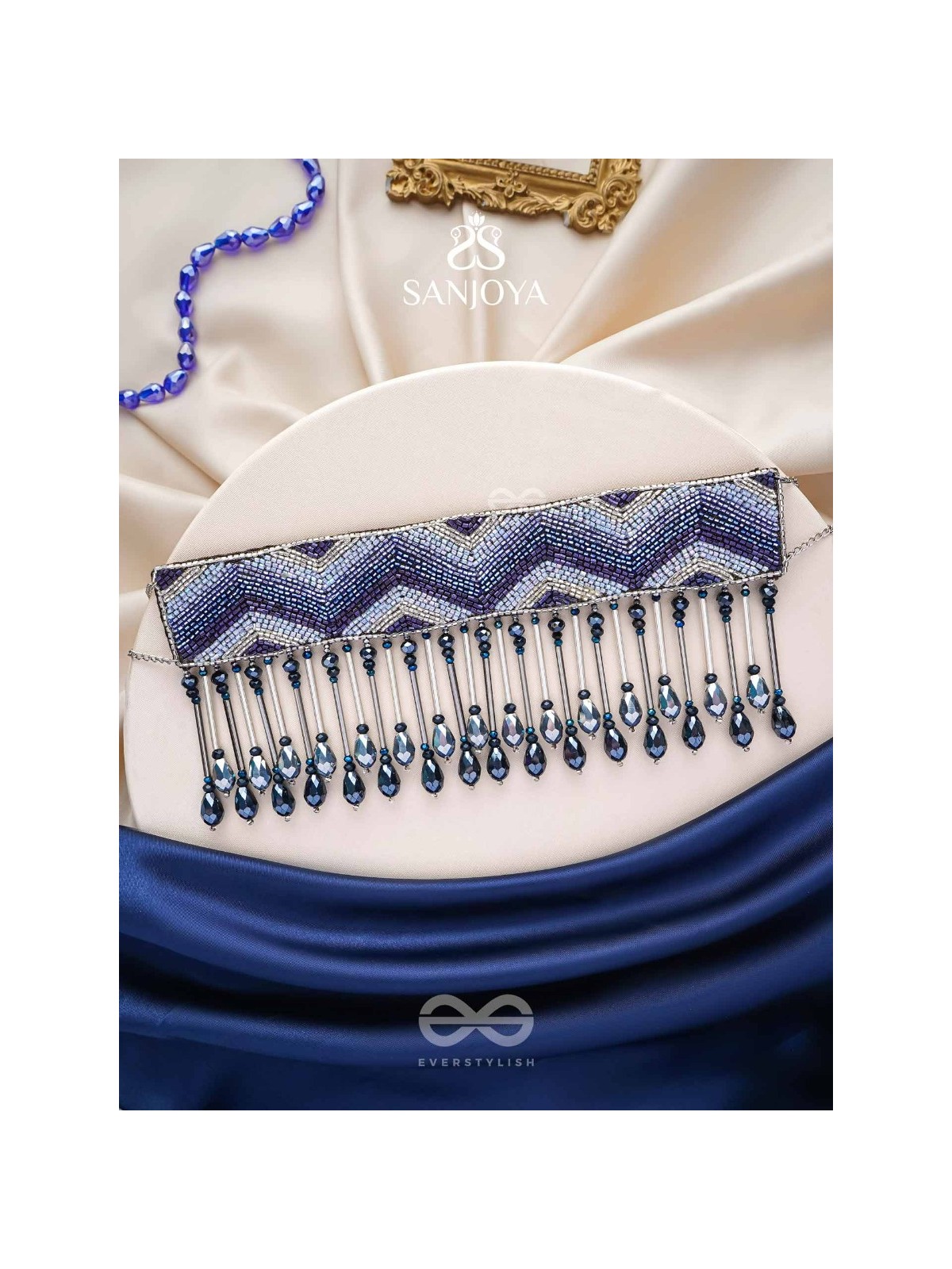 Adrisha - The Indigo Hills - Cutdana And Glass Drops Hand Embroidered Choker Neckpiece