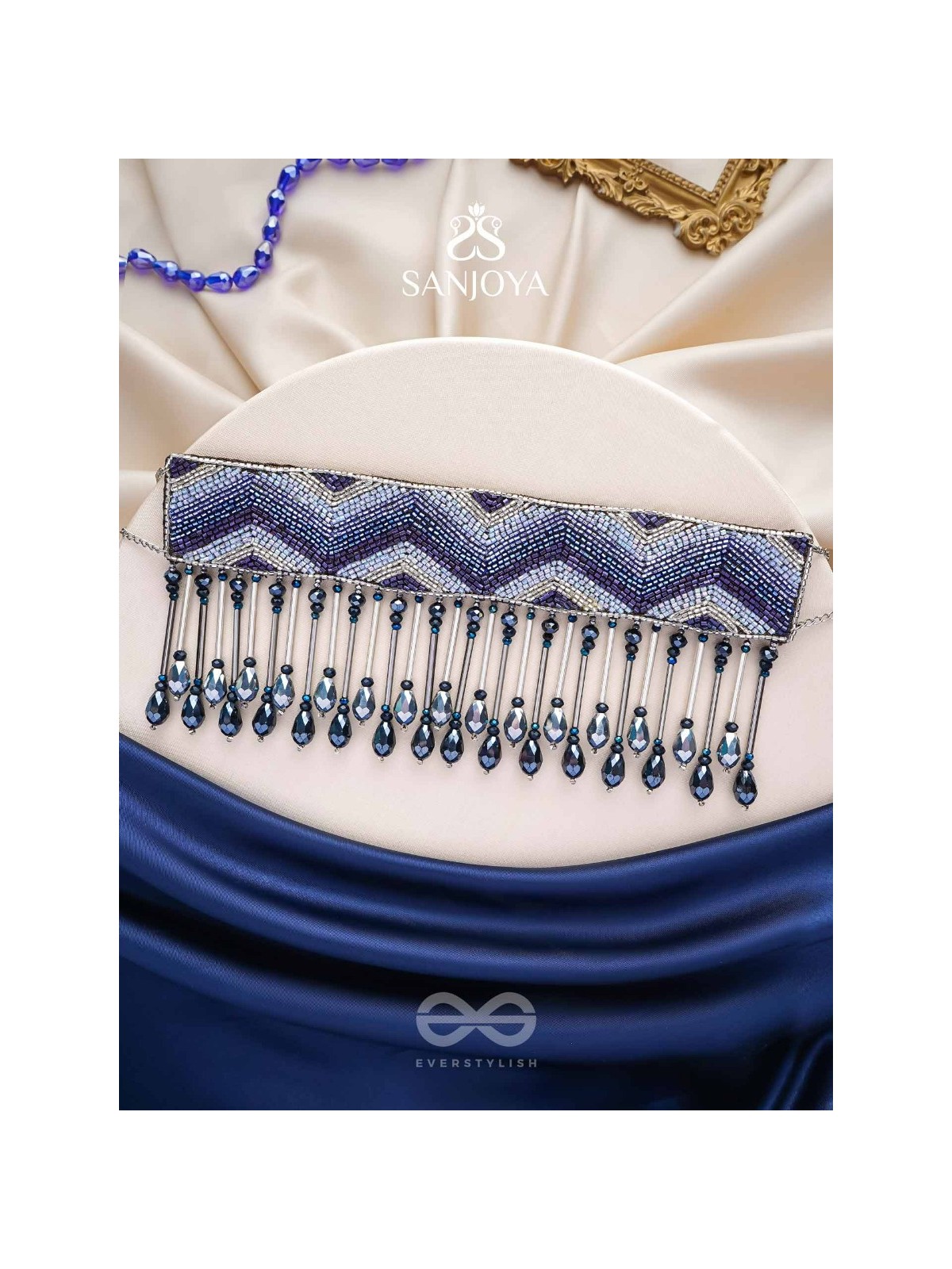 Adrisha - The Indigo Hills - Cutdana And Glass Drops Hand Embroidered Choker Neckpiece