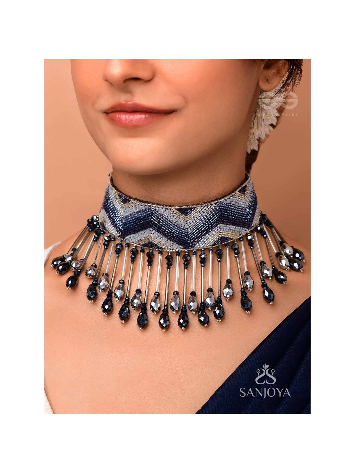 Adrisha - The Indigo Hills - Cutdana And Glass Drops Hand Embroidered Choker Neckpiece