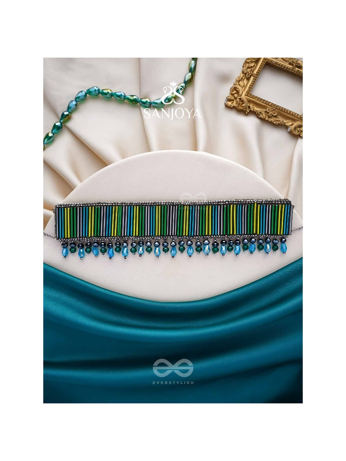 Vapraa- The Flower Bed- Glass Beads & Glass Drops Embroidered Choker Necklace