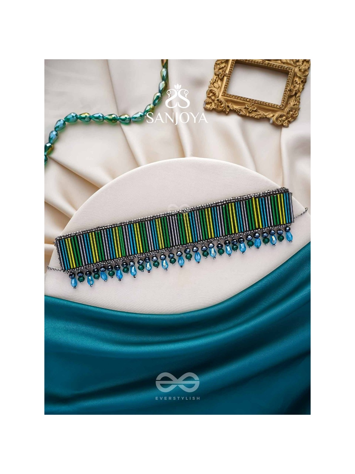 Vapraa- The Flower Bed- Glass Beads & Glass Drops Embroidered Choker Necklace