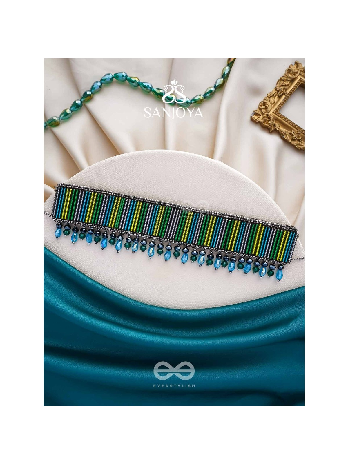 Vapraa- The Flower Bed- Glass Beads & Glass Drops Embroidered Choker Necklace