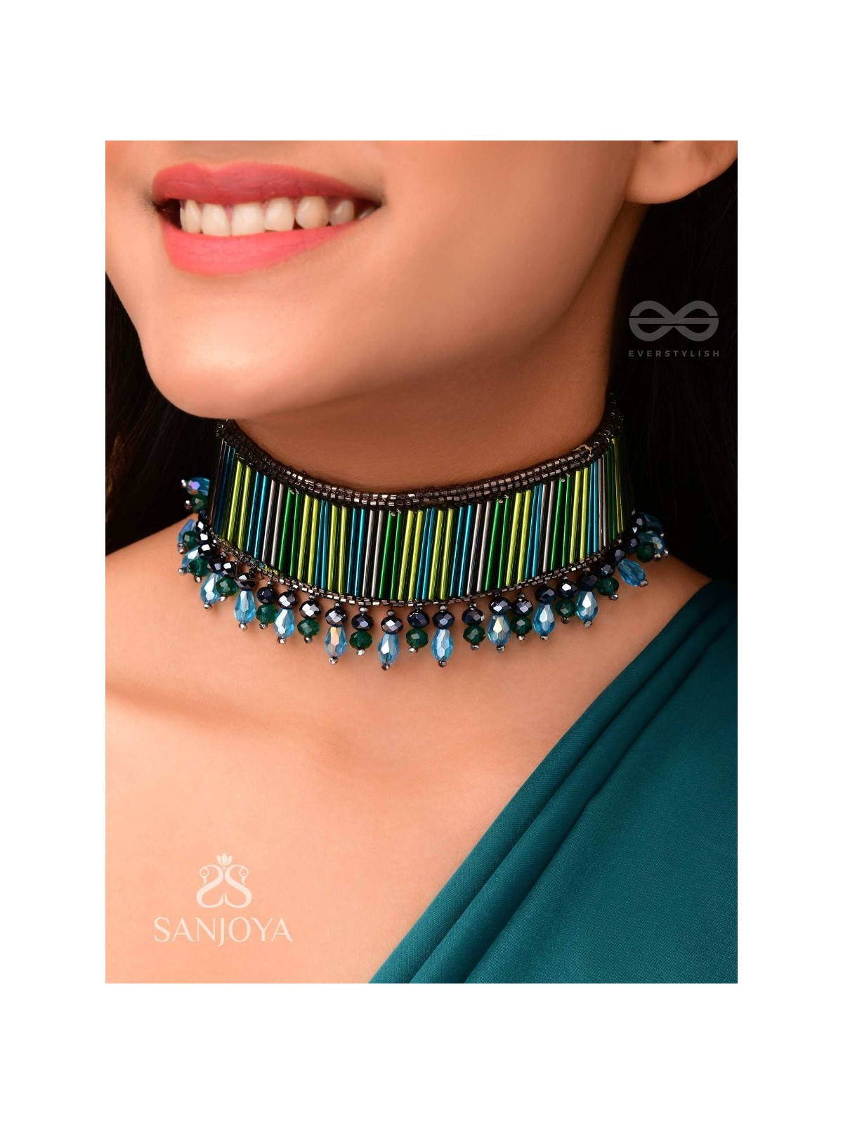 Vapraa- The Flower Bed- Glass Beads & Glass Drops Embroidered Choker Necklace