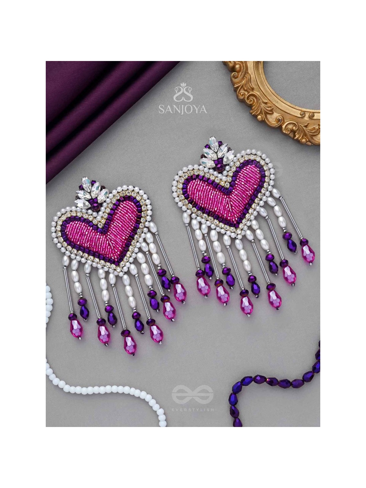 Trasa- The Crimson Heart- Pearls & Stones Embroidered Earrings
