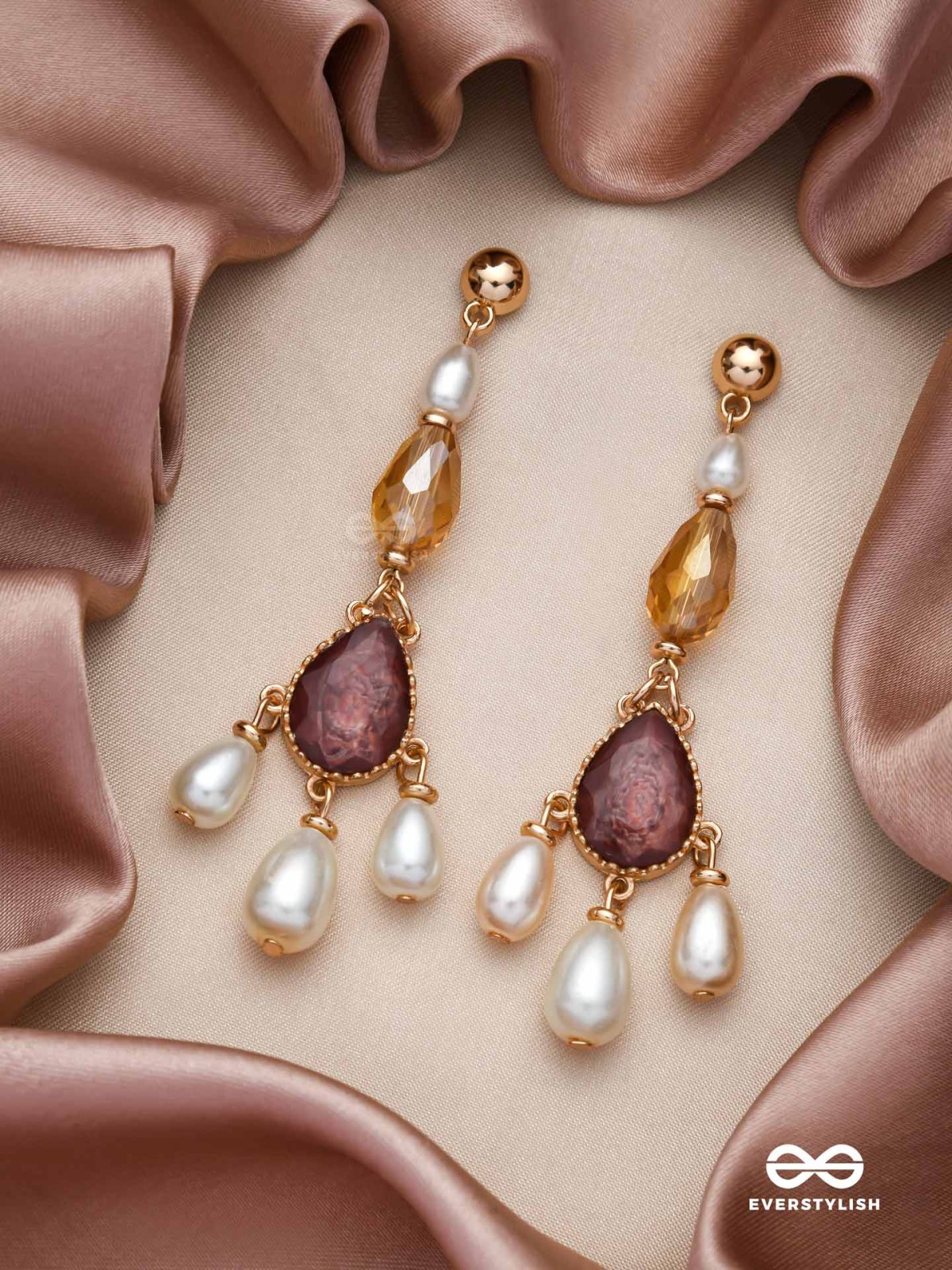 The Crystal Cascade- Golden Pearl Earrings
