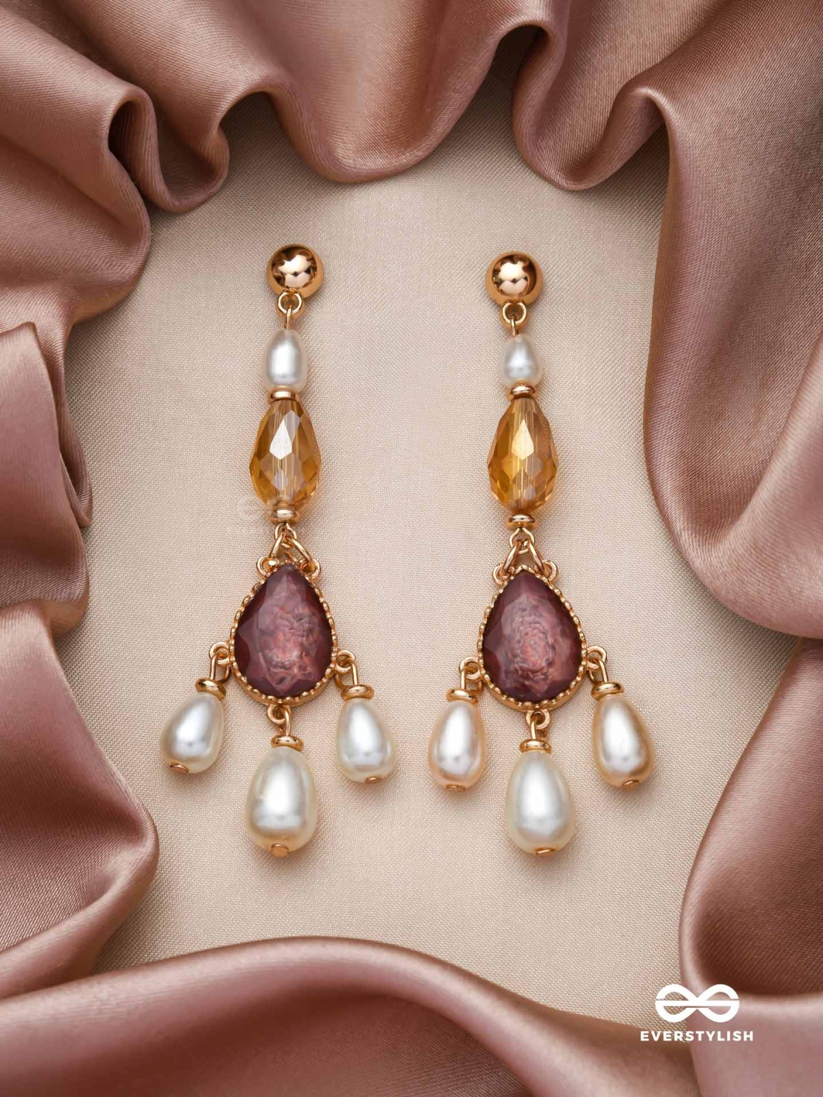 The Crystal Cascade- Golden Pearl Earrings