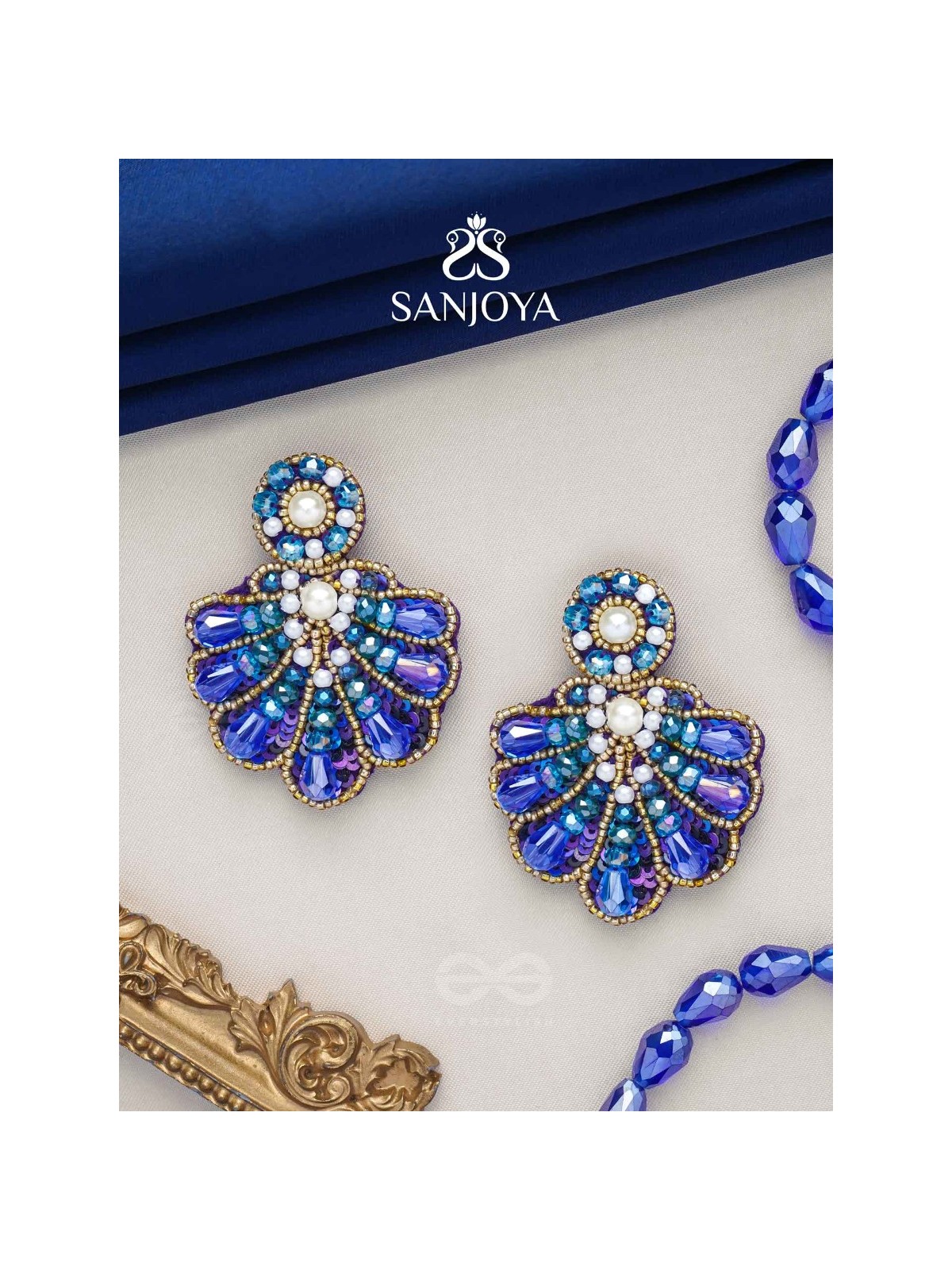 Vrikshagra- The Indigo Crown- Pearls, Beads & Sequins Embroidered Earrings