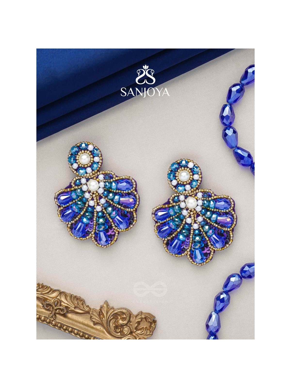 Vrikshagra- The Indigo Crown- Pearls, Beads & Sequins Embroidered Earrings