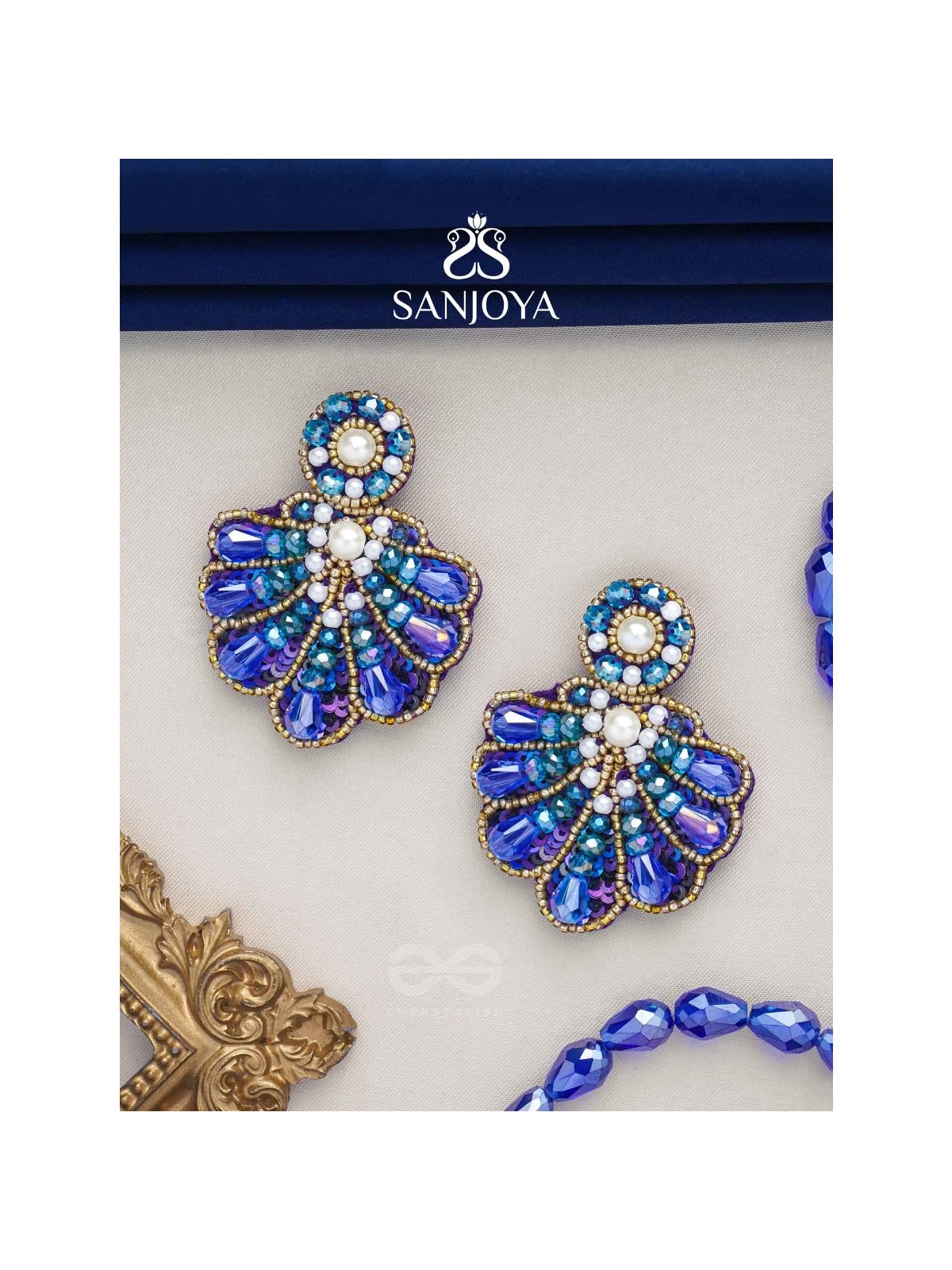 Vrikshagra- The Indigo Crown- Pearls, Beads & Sequins Embroidered Earrings