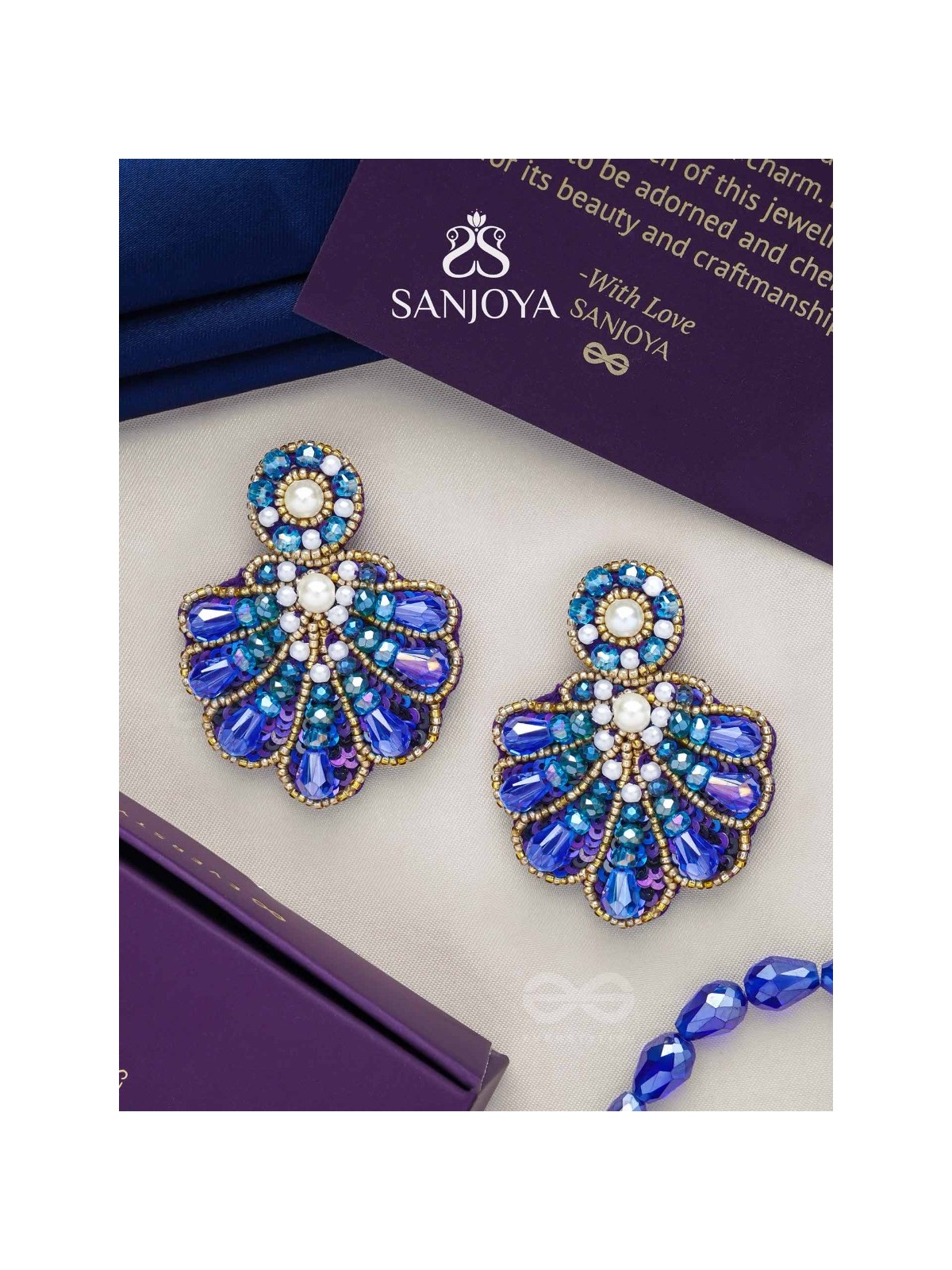 Vrikshagra- The Indigo Crown- Pearls, Beads & Sequins Embroidered Earrings