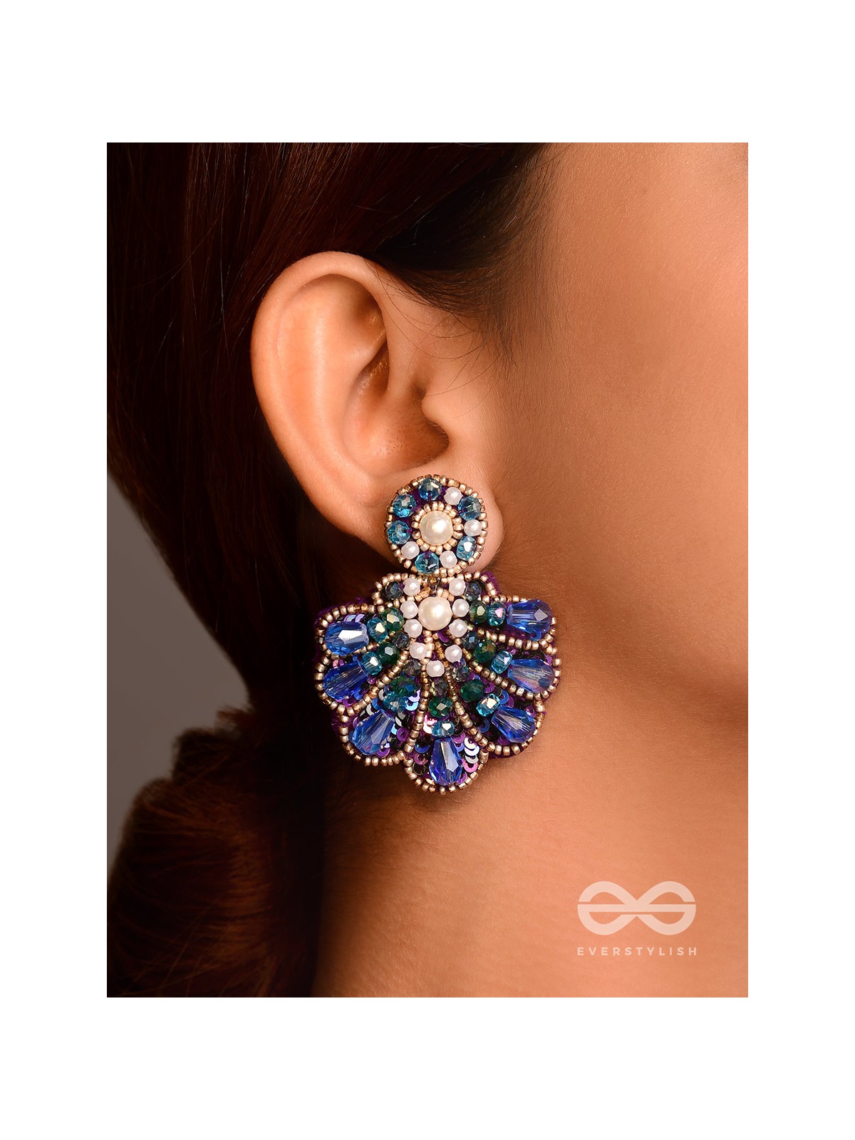 Vrikshagra- The Indigo Crown- Pearls, Beads & Sequins Embroidered Earrings