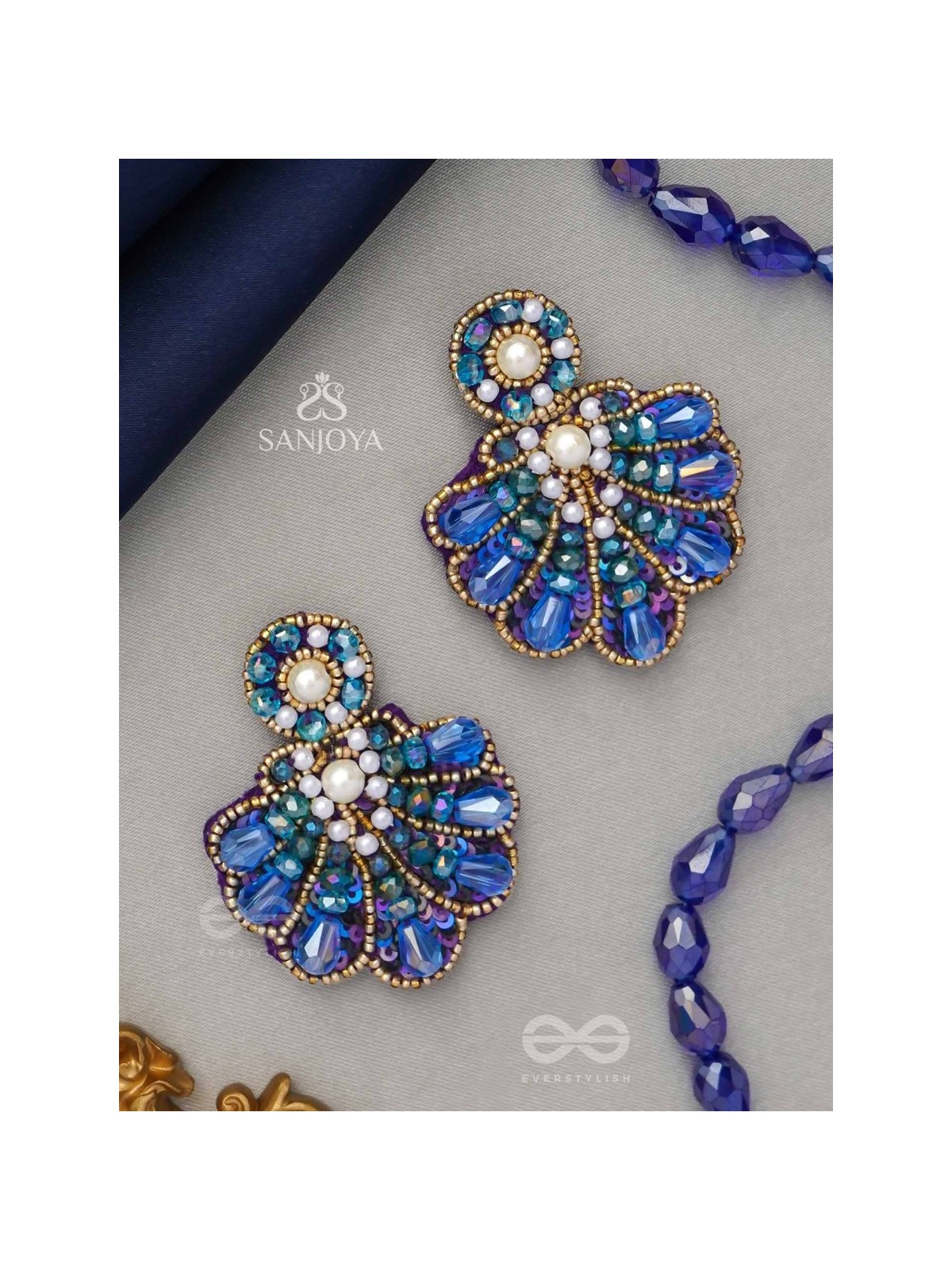 Vrikshagra- The Indigo Crown- Pearls, Beads & Sequins Embroidered Earrings