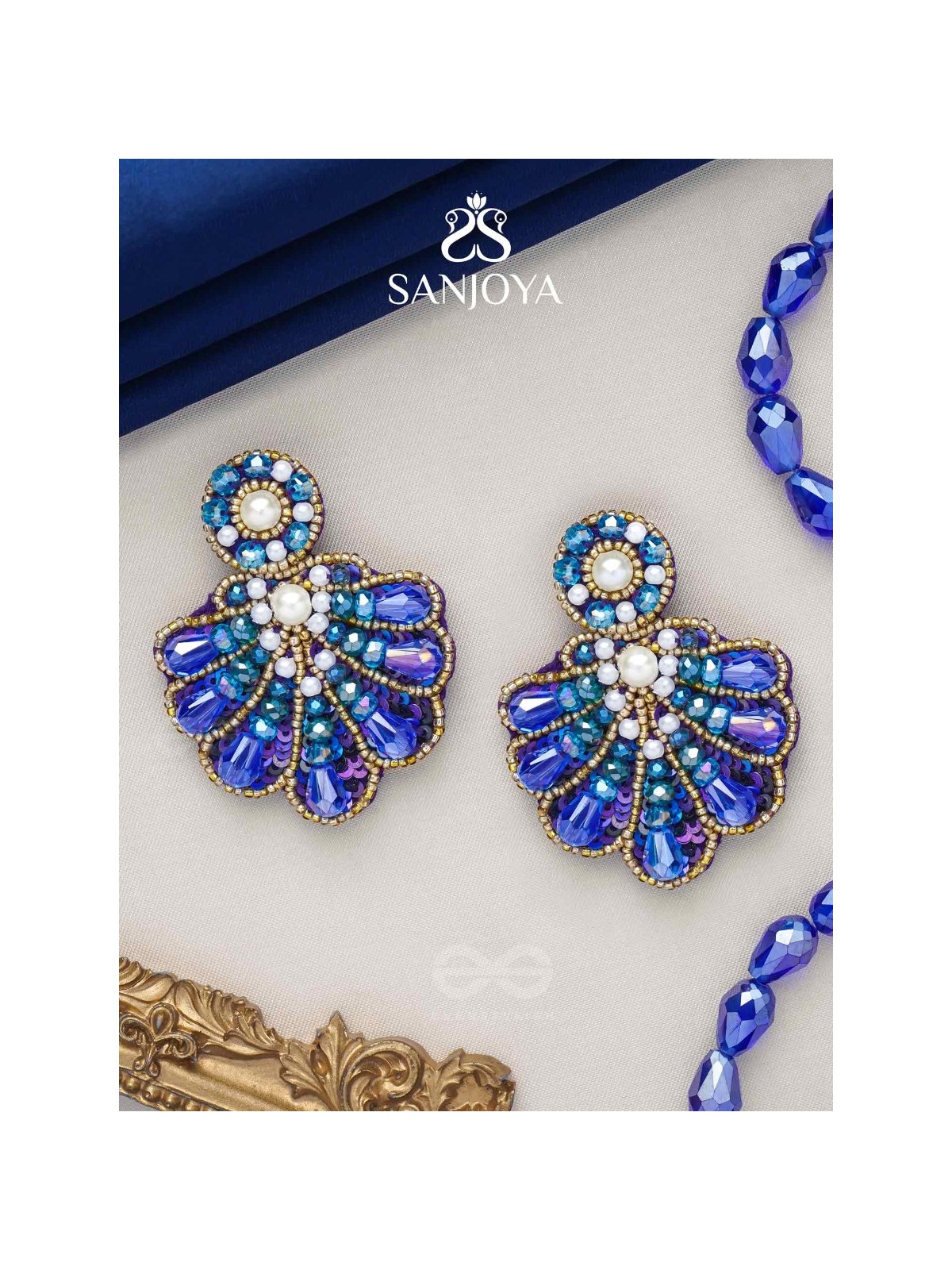Vrikshagra- The Indigo Crown- Pearls, Beads & Sequins Embroidered Earrings