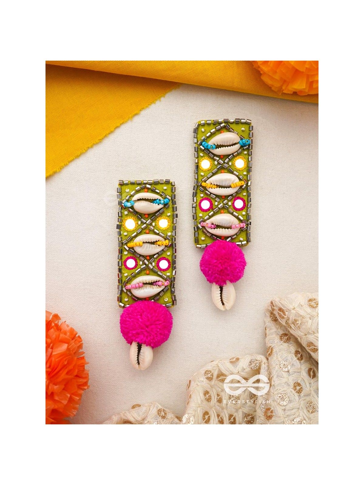 Peshika- The Shimmering Shells- Mirrors & Resham Embroidered Earrings