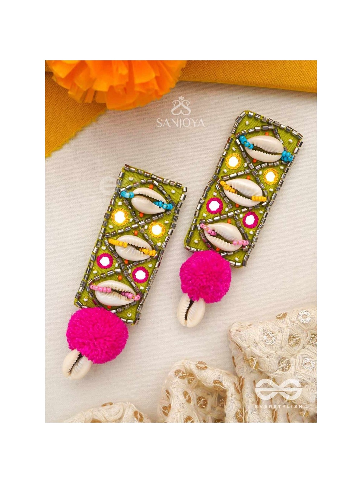 Peshika- The Shimmering Shells- Mirrors & Resham Embroidered Earrings
