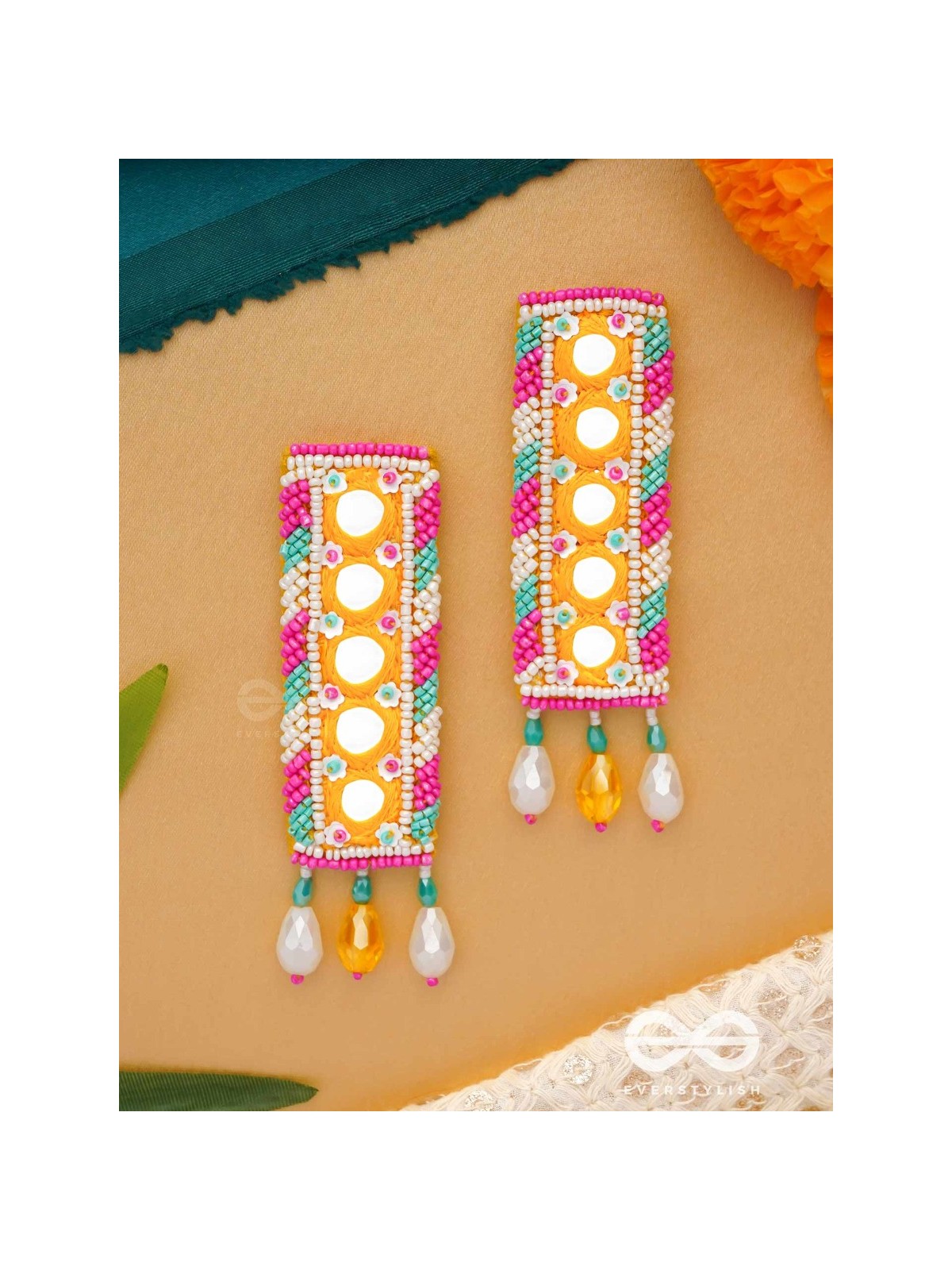 Bimbita- The Mirror Image- Glass Beads & Mirror Lace Embroidered Earrings