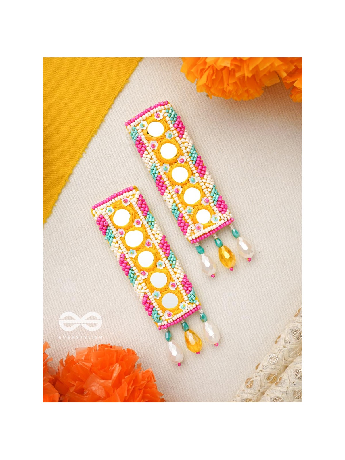 Bimbita- The Mirror Image- Glass Beads & Mirror Lace Embroidered Earrings