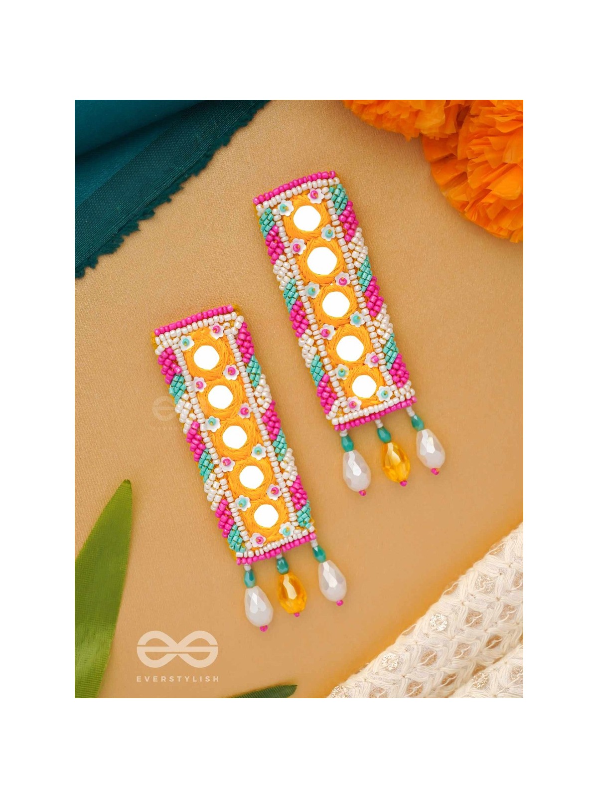 Bimbita- The Mirror Image- Glass Beads & Mirror Lace Embroidered Earrings