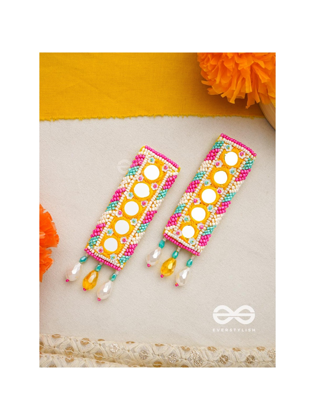 Bimbita- The Mirror Image- Glass Beads & Mirror Lace Embroidered Earrings