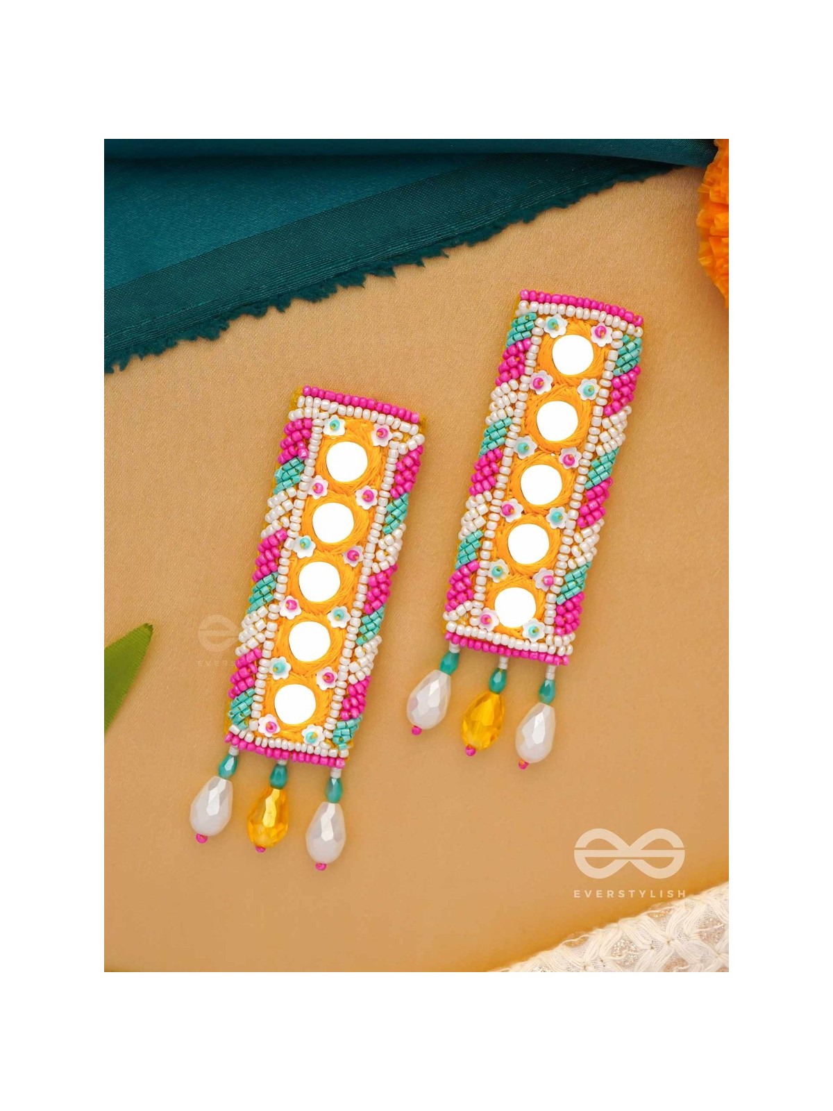 Bimbita- The Mirror Image- Glass Beads & Mirror Lace Embroidered Earrings