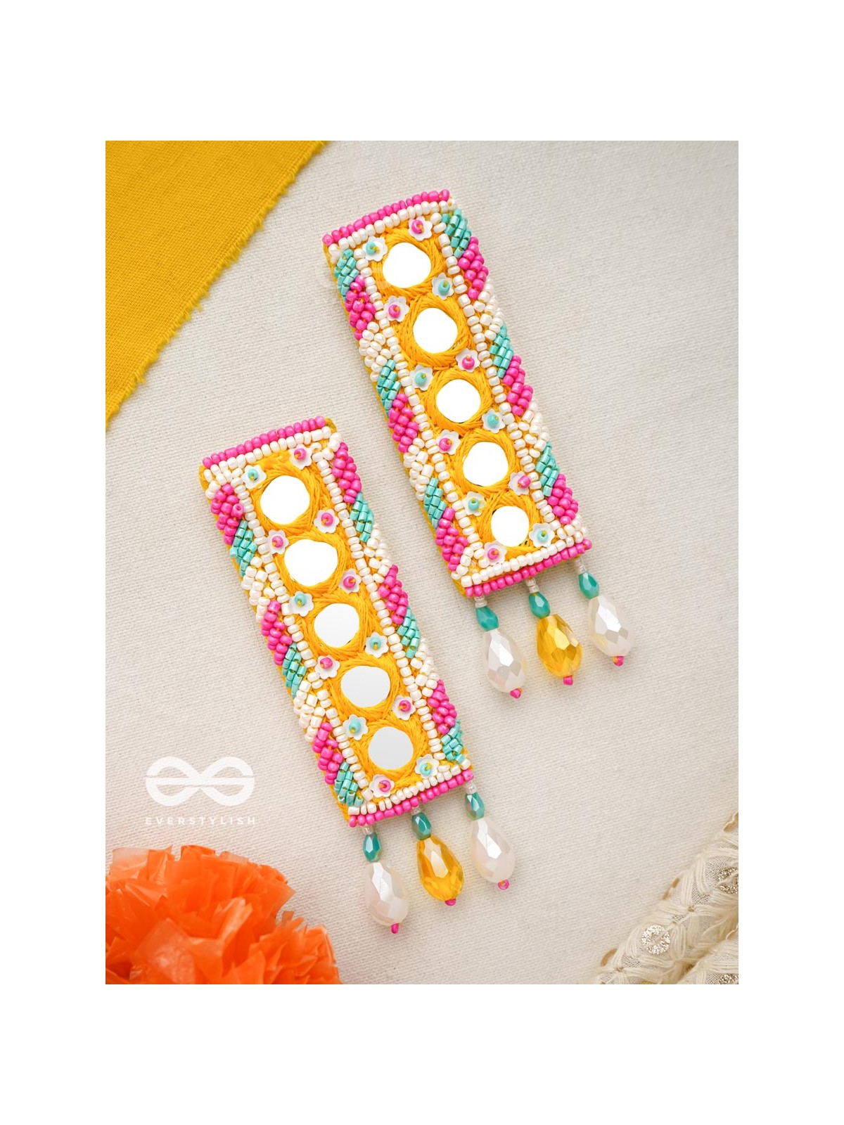 Bimbita- The Mirror Image- Glass Beads & Mirror Lace Embroidered Earrings