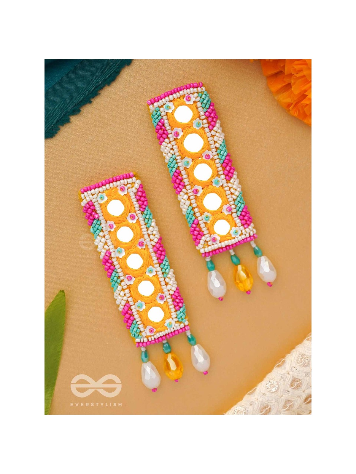 Bimbita- The Mirror Image- Glass Beads & Mirror Lace Embroidered Earrings