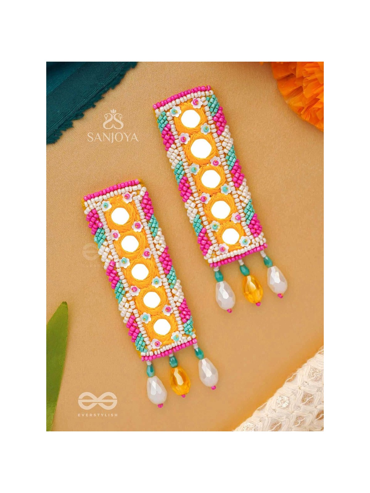 Bimbita- The Mirror Image- Glass Beads & Mirror Lace Embroidered Earrings