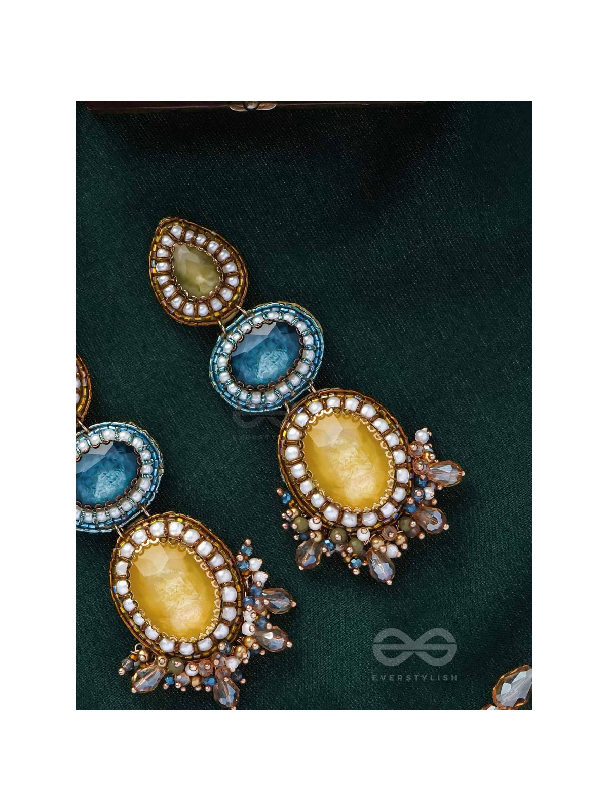 Sulokaneeya - Admirable Beauty - Stones, Glass Drops And Beads Hand Embroidered Earrings