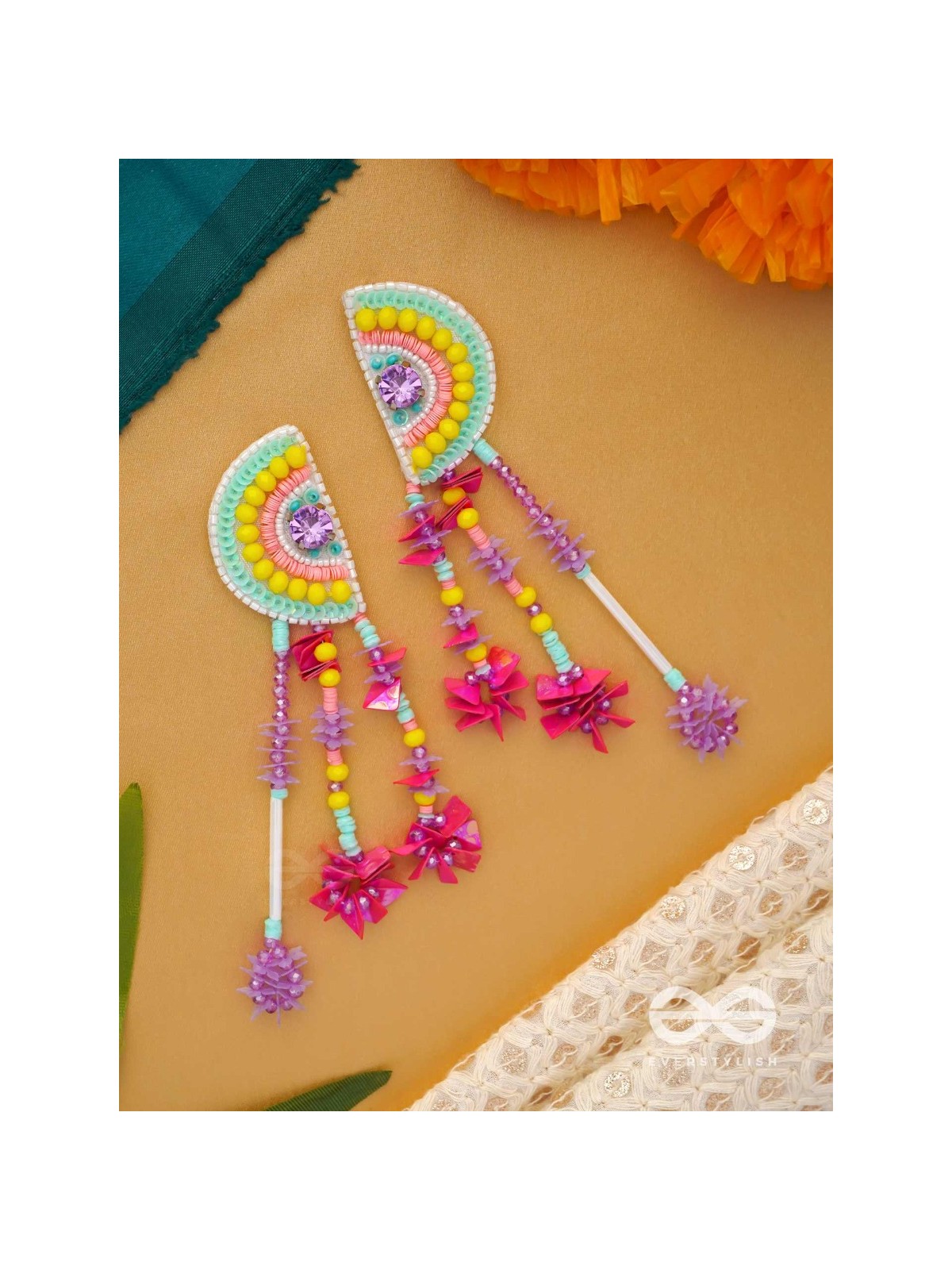 Vibhaasin - Decorated With Flowers- Stones & Sequins Hand Embroidered Earrings