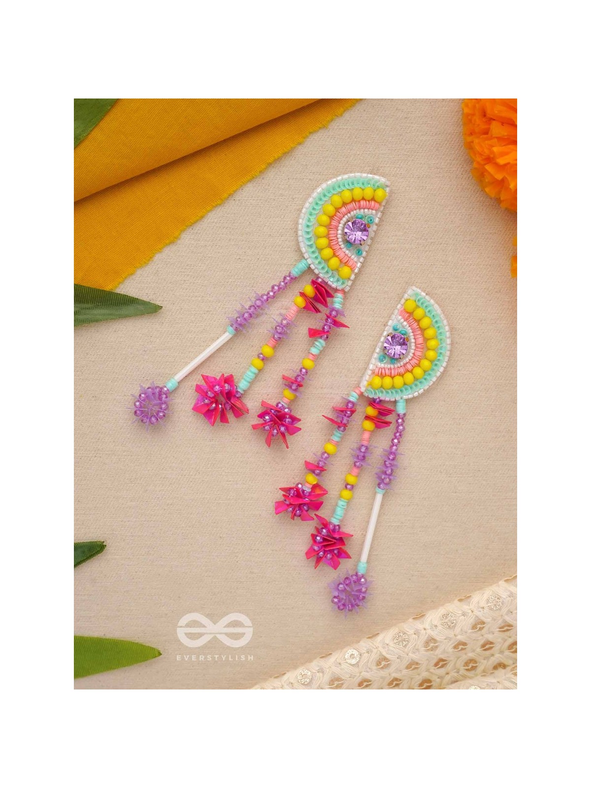 Vibhaasin - Decorated With Flowers- Stones & Sequins Hand Embroidered Earrings