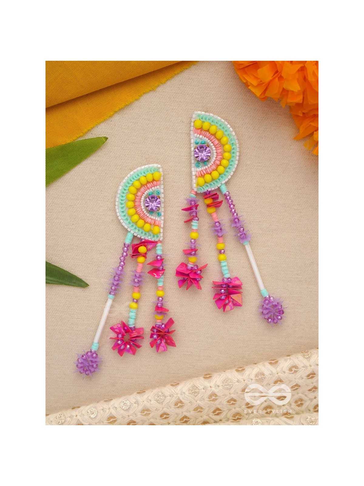Vibhaasin - Decorated With Flowers- Stones & Sequins Hand Embroidered Earrings