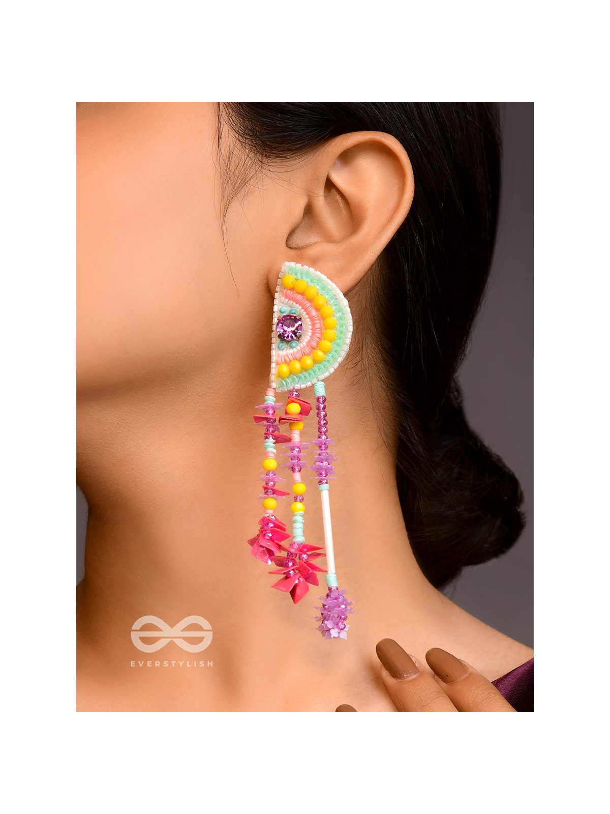 Vibhaasin - Decorated With Flowers- Stones & Sequins Hand Embroidered Earrings