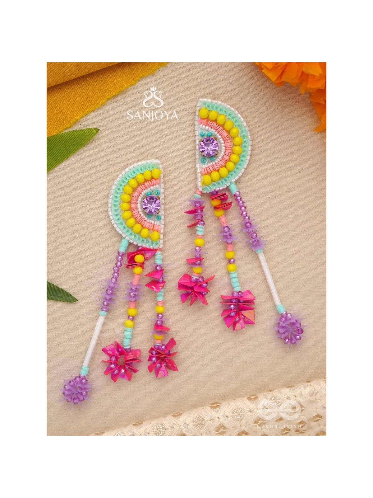 Vibhaasin - Decorated With Flowers- Stones & Sequins Hand Embroidered Earrings