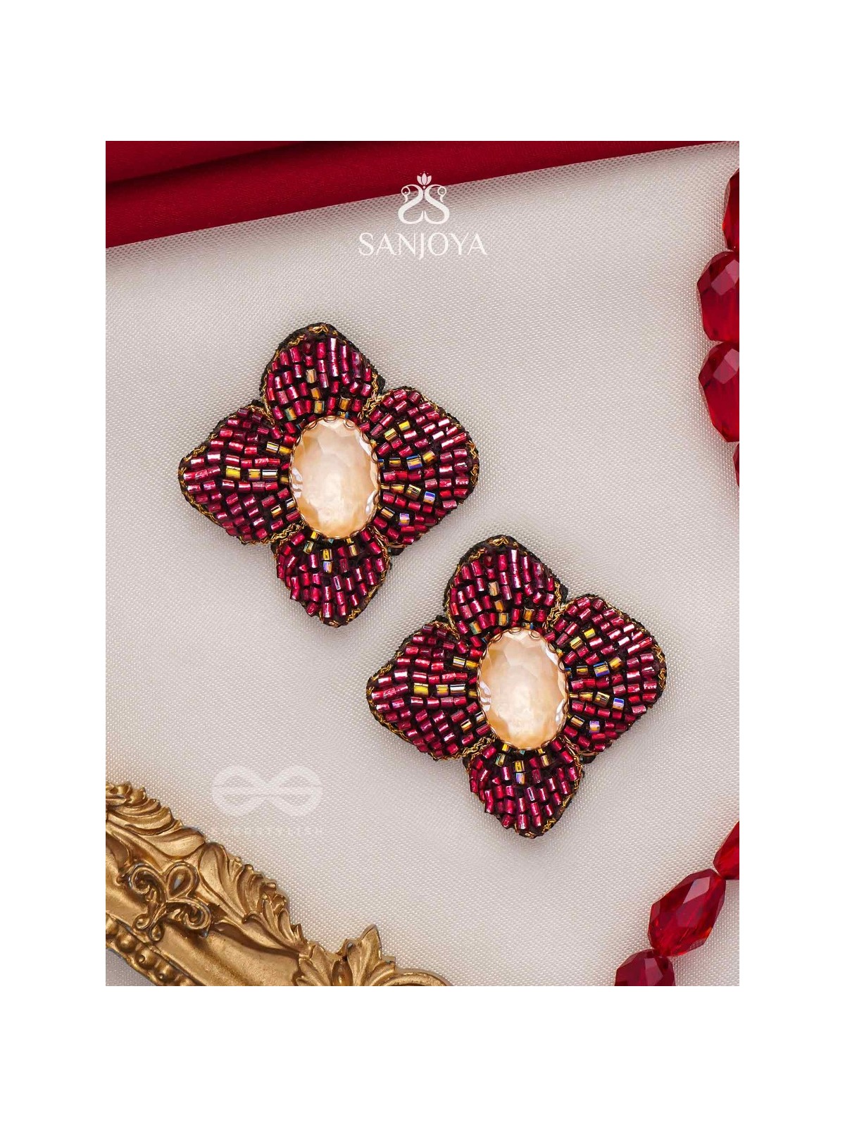 Raagana- The Crimson Bloom- Stones Embroidered Stud Earrings