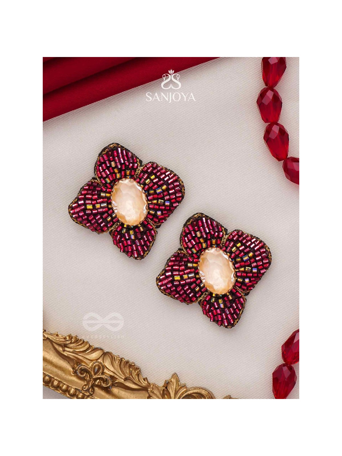 Raagana- The Crimson Bloom- Stones Embroidered Stud Earrings
