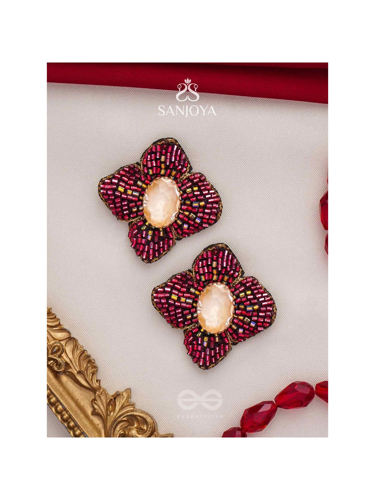 Raagana- The Crimson Bloom- Stones Embroidered Stud Earrings