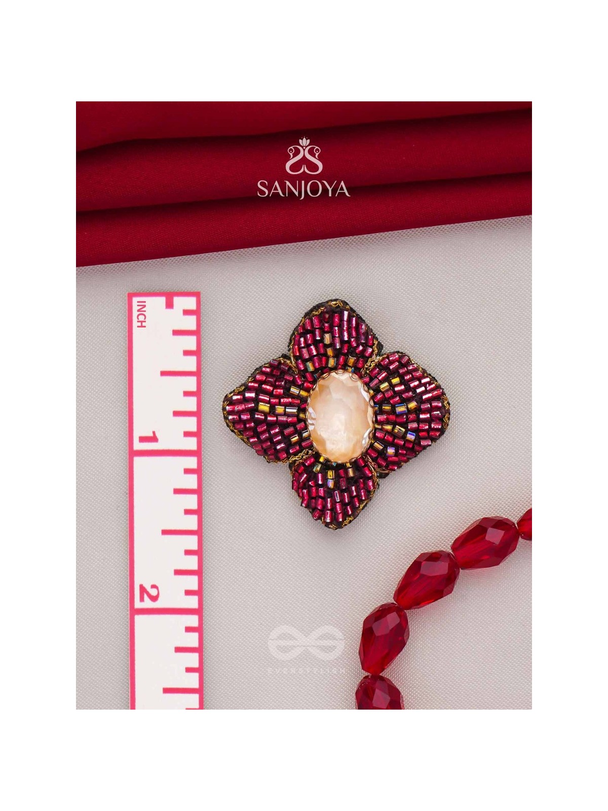 Raagana- The Crimson Bloom- Stones Embroidered Stud Earrings