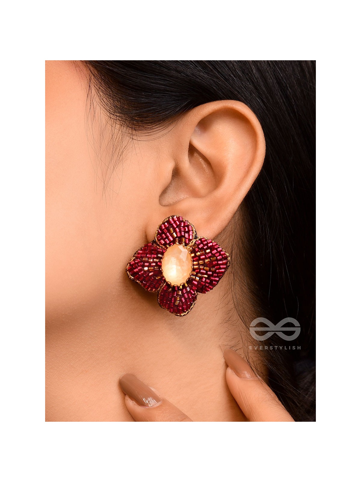 Raagana- The Crimson Bloom- Stones Embroidered Stud Earrings