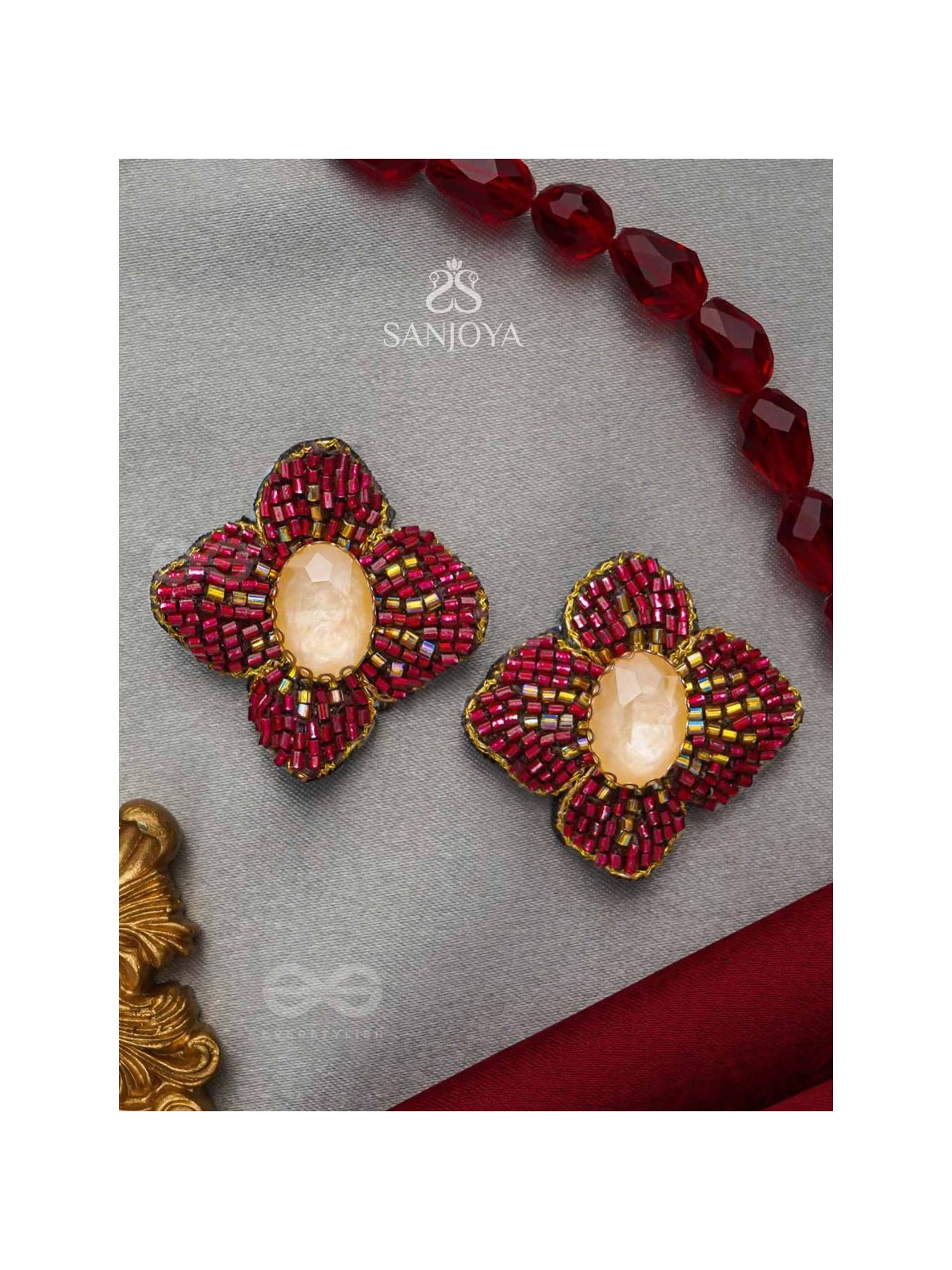 Raagana- The Crimson Bloom- Stones Embroidered Stud Earrings