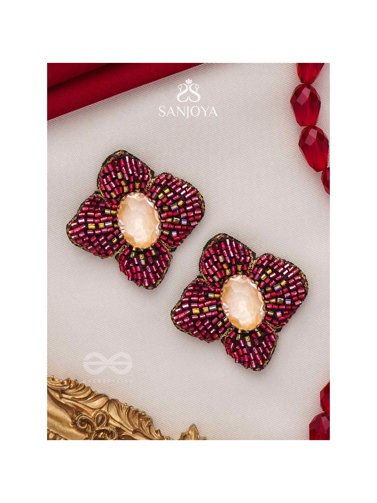 Raagana- The Crimson Bloom- Stones Embroidered Stud Earrings