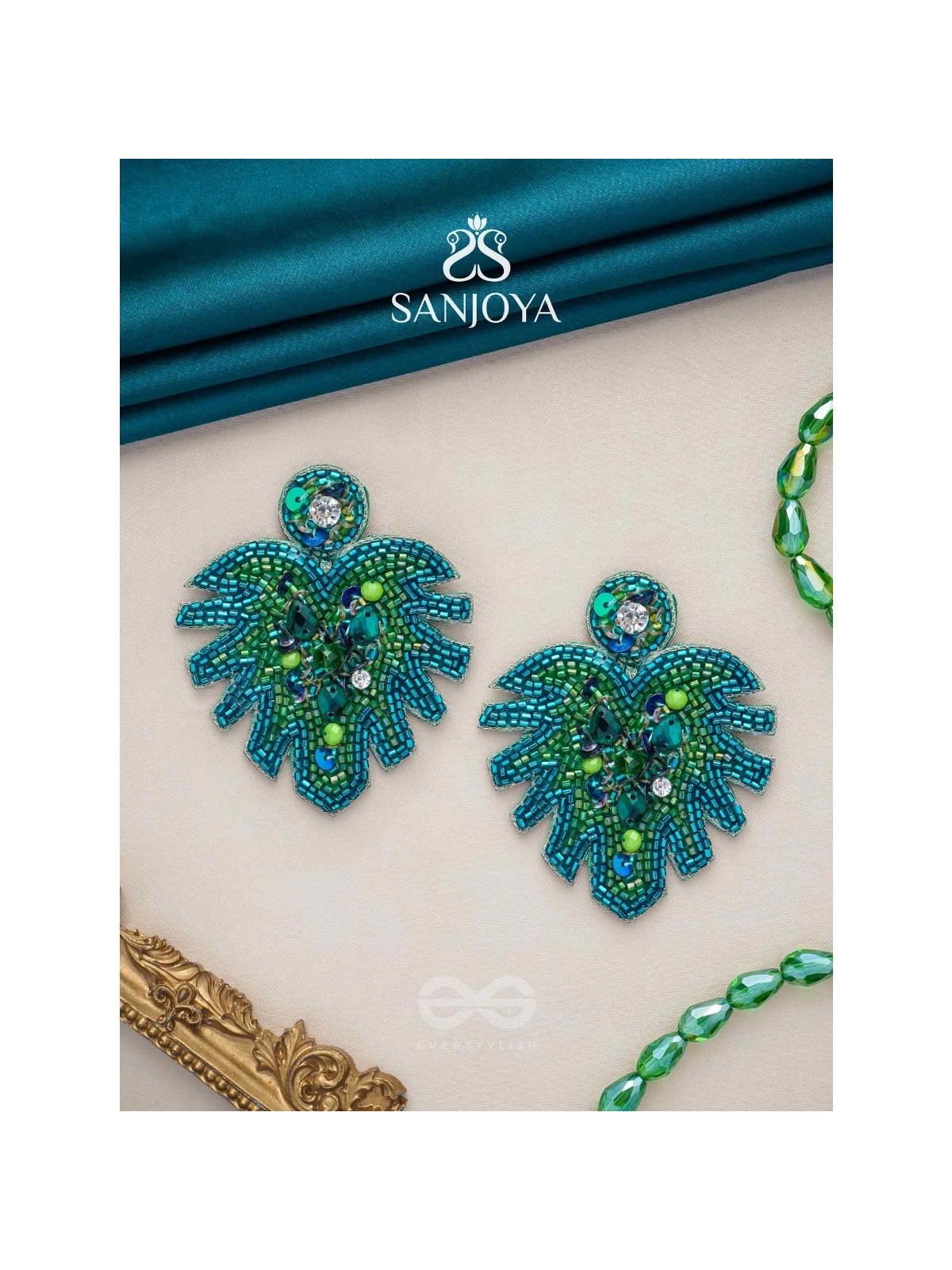 Parnin - The Verdant Leaf - Stones, Sequins And Cutdana Hand Embroidered Earrings