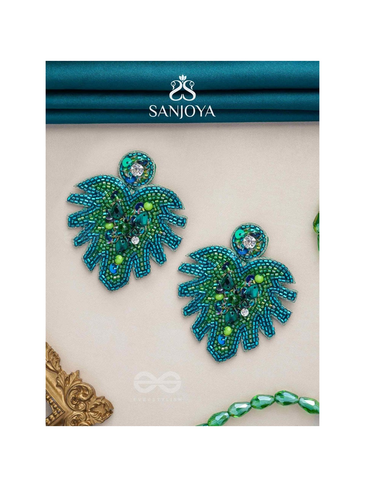 Parnin - The Verdant Leaf - Stones, Sequins And Cutdana Hand Embroidered Earrings