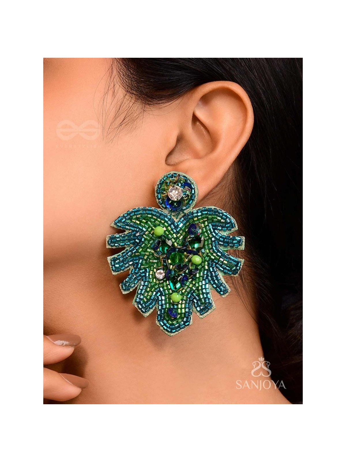 Parnin - The Verdant Leaf - Stones, Sequins And Cutdana Hand Embroidered Earrings