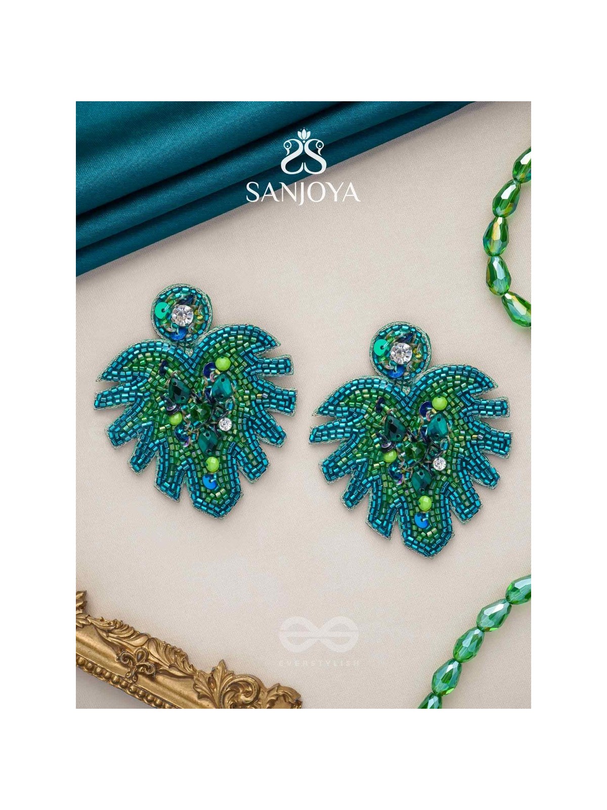 Parnin - The Verdant Leaf - Stones, Sequins And Cutdana Hand Embroidered Earrings