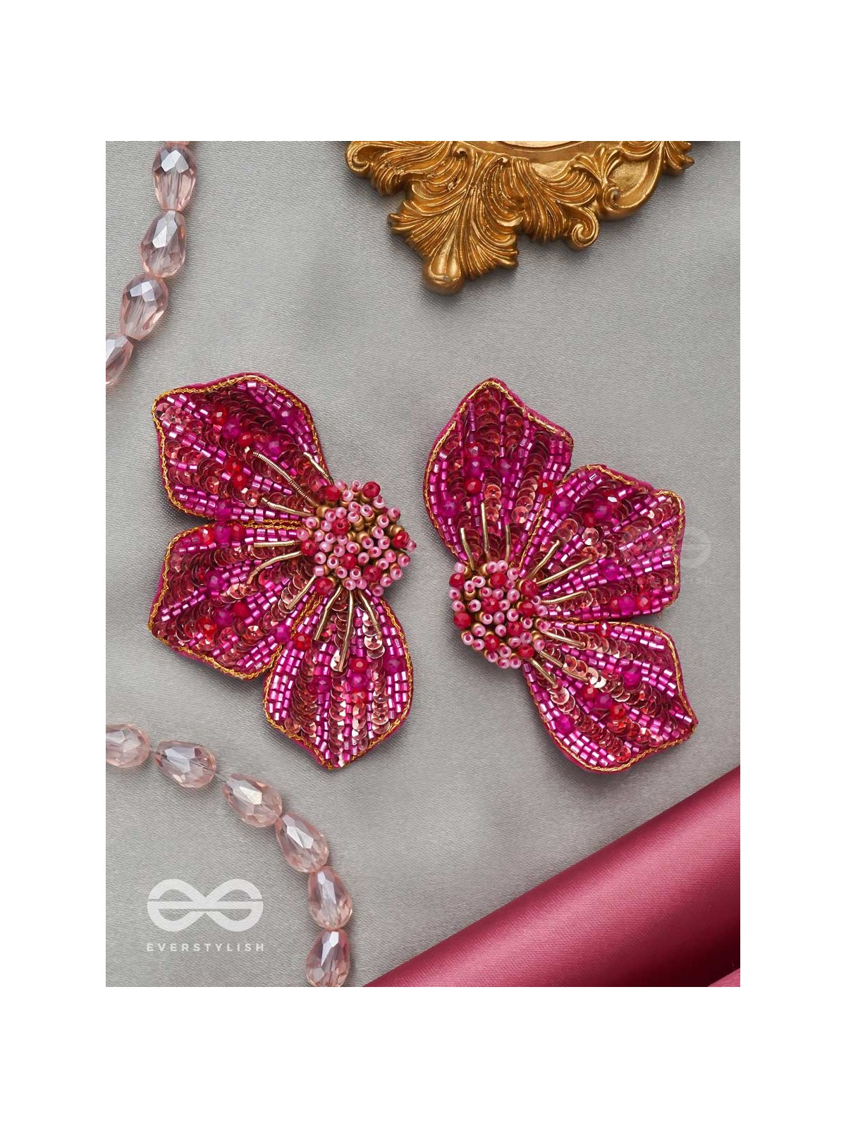 Prasthika- The Crimson Hibiscus- Sequins And Beads Embroidered Stud Earrings