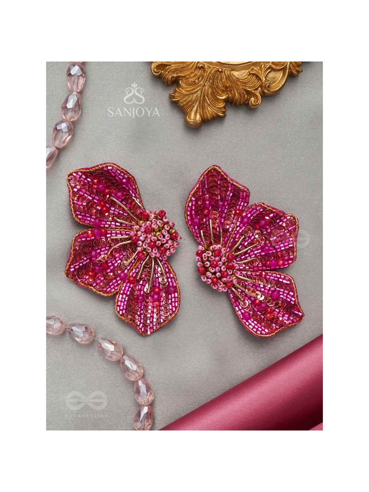 Prasthika- The Crimson Hibiscus- Sequins And Beads Embroidered Stud Earrings